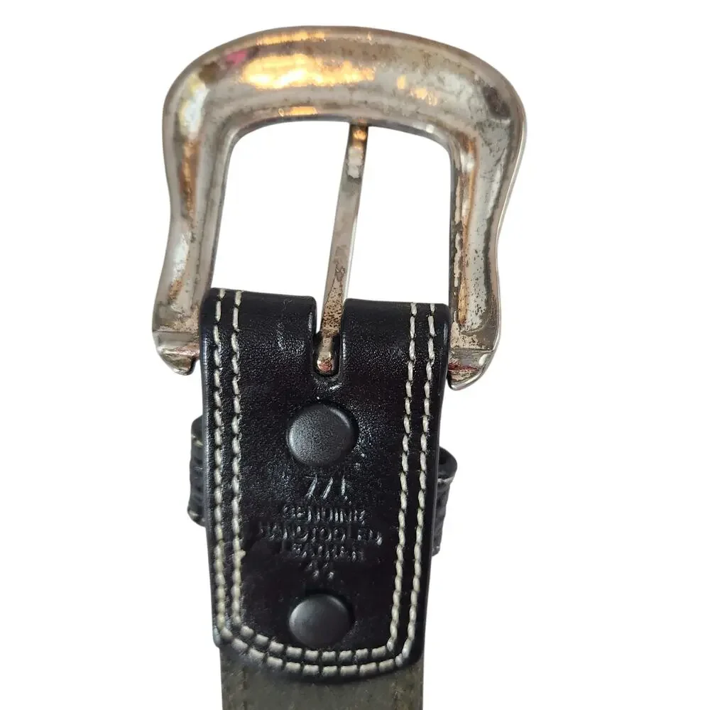 Cowboy chrome black leather western‎ belt 44 basket weave embossed white stitch